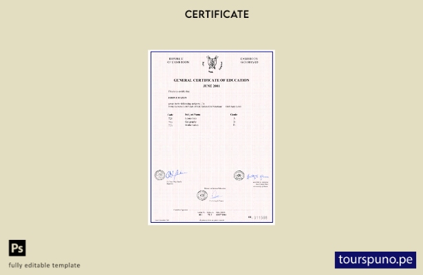 listo para imprimir plantilla de certificado general de educación de Camerún